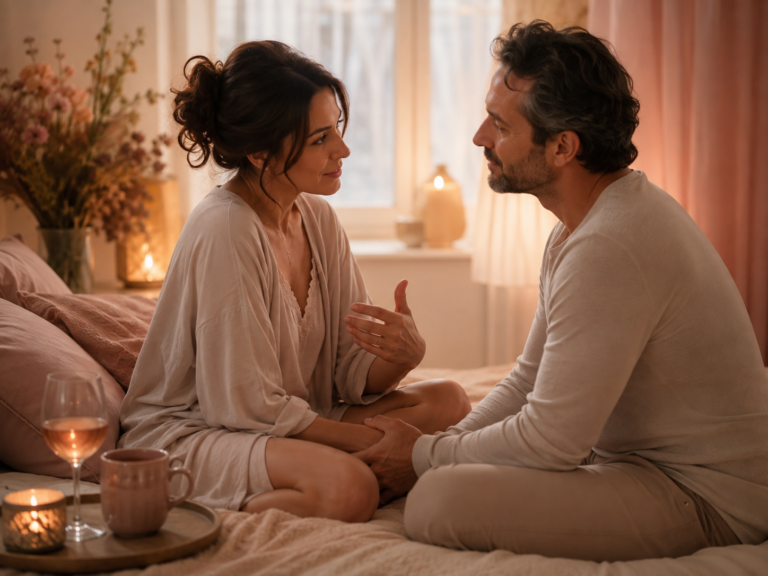 Un cuplu matur purtând o conversație caldă și relaxată, privind-se cu înțelegere și acceptare, simbolizând curajul de a comunica liber, fără frica de judecată.