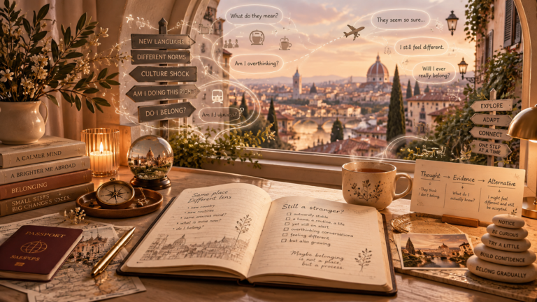 Anxietatea de integrare ilustrată printr-un jurnal, simboluri ale adaptării culturale și un oraș străin în fundal