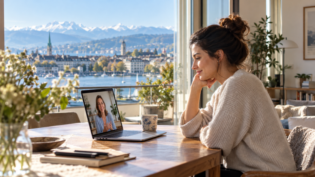 Femeie din diaspora participand la o sedinta de psihoterapie online pe laptop in Zurich Elvetia cu un psiholog roman
