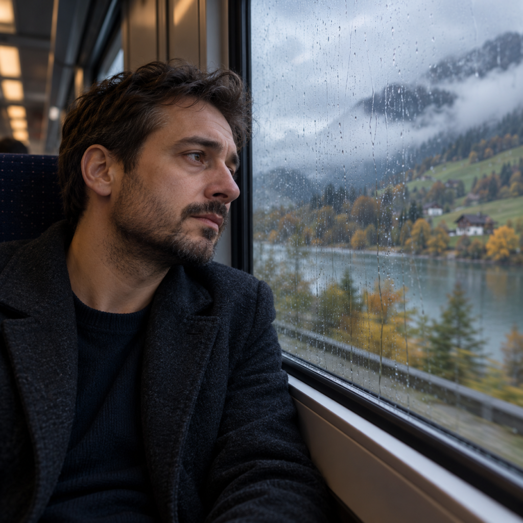 Profesionist expat contempland izolarea si burnout-ul profesional in cartierul financiar din Zurich Elvetia