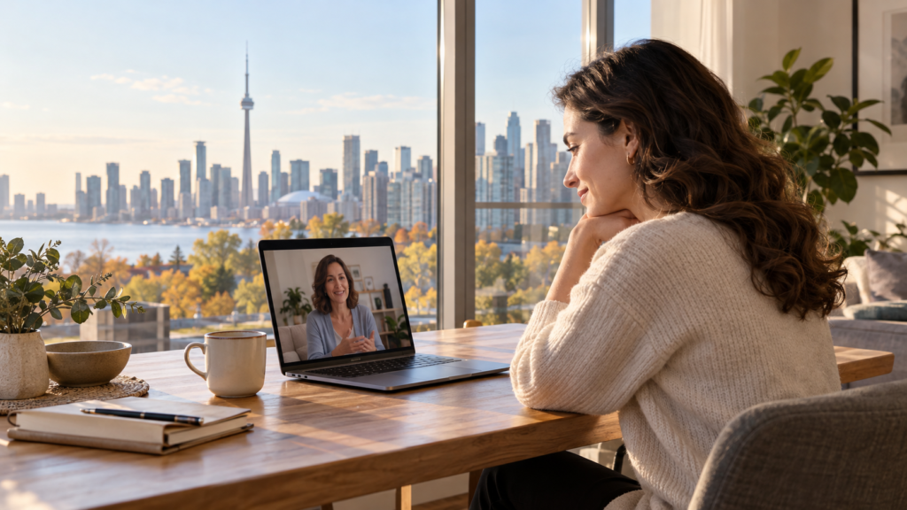 Femeie din diaspora participand la o sedinta de psihoterapie online pe laptop in Toronto Canada cu un psiholog roman