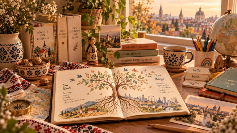 Jurnal ilustrat cu rădăcini și aripi, obiecte românești și elemente ale vieții în străinătate, simbolizând creșterea copiilor între două culturi